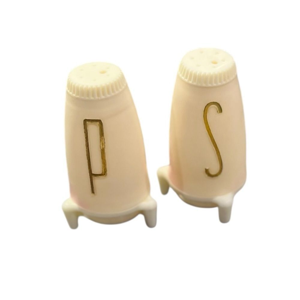 Vintage Mid Century Atomic Salt & Pepper Shakers Pink Gold Tripod
